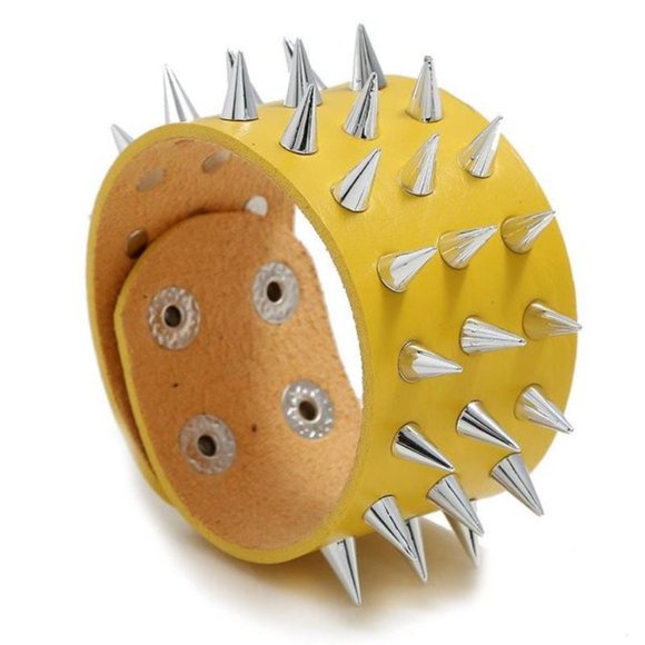 Yellow Faux Leather Three Row Spike Rivet Bracelet - Picture 1 of 3